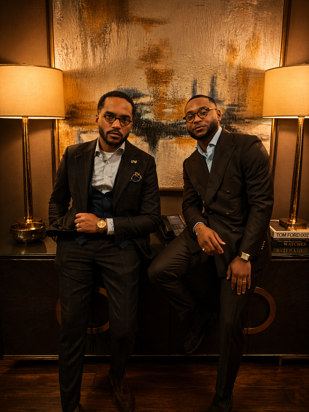 Editorial — two men in bespoke suits between brass lamps